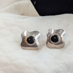 Vintage Mexico Sterling Silver & Onyx Rectangle Earrings 7 G